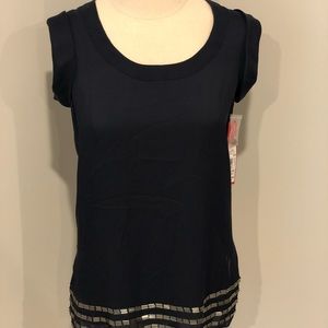 Blue sleeveless blouse with silver beading